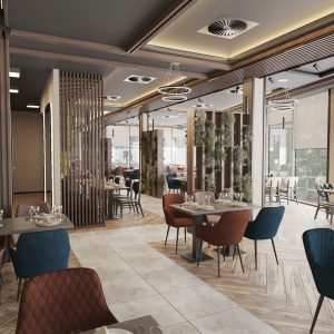 Restaurant interior with panoramic windows and wooden flooring