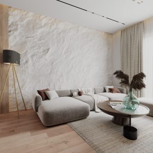 Contemporary living room design with a curved sofa, textured wall and soft neutral materials