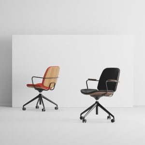 Set of modern swivel office chairs in brown and black – studio catalog render