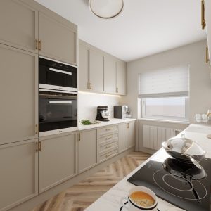 Spacious kitchen interior with oven tower and corner layout – Intervibe Studio