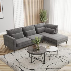 Top angled view of dark grey sectional sofa with chaise in modern interior – Intervibe Studio 3D render
