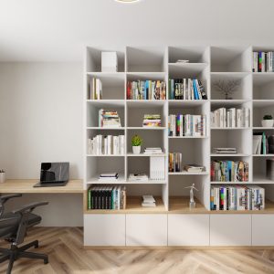 Wall-to-wall shelving with workspace – Intervibe Studio