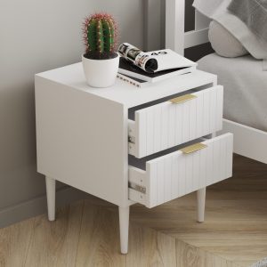 White bedside table with wooden legs