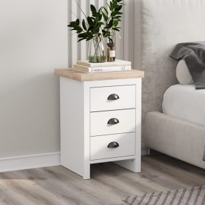 White bedside table with wooden top and three drawers