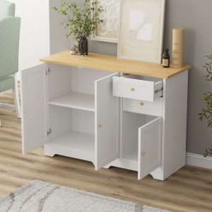 White sideboard with oak top and storage drawers.