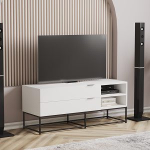 White TV cabinet with drawers and black base