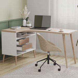Wooden desk with drawers in home office with chair and laptop – 3D visualization
